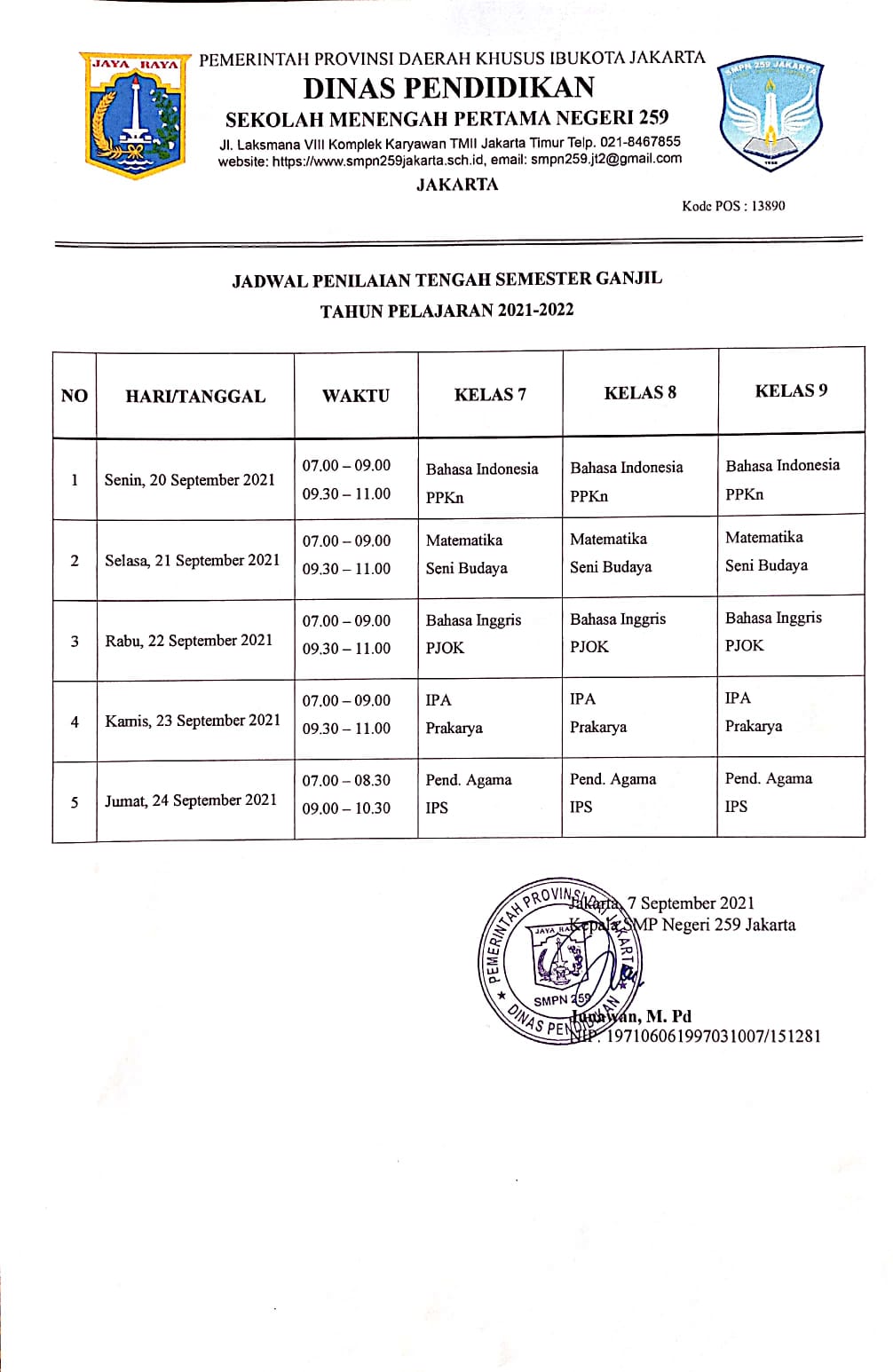 JADWAL PENILAIAN TENGAH SEMESTER GANJIL 2021-2022