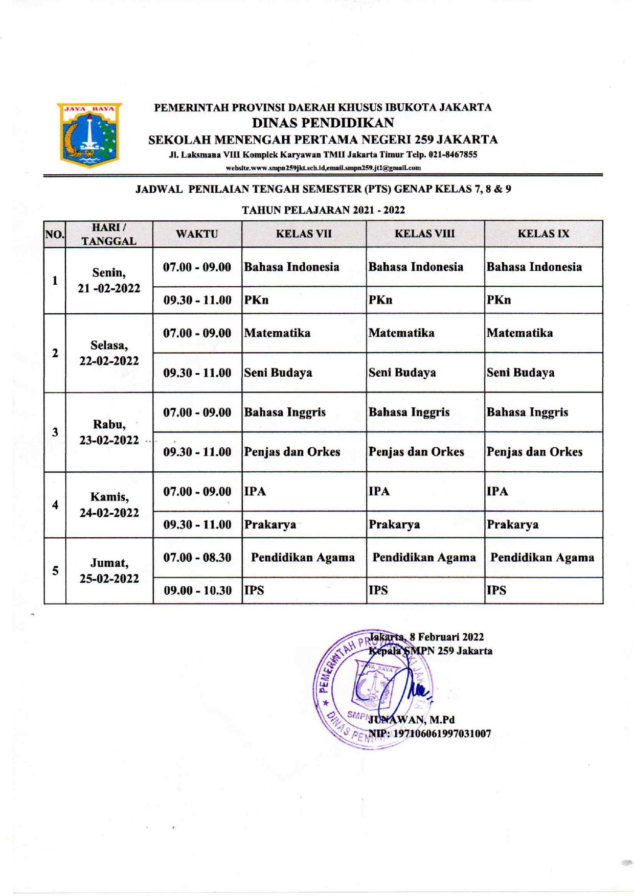 Jadwal Penilaian Tengah Semester Genap Tahun Pelajaran 2021-2022