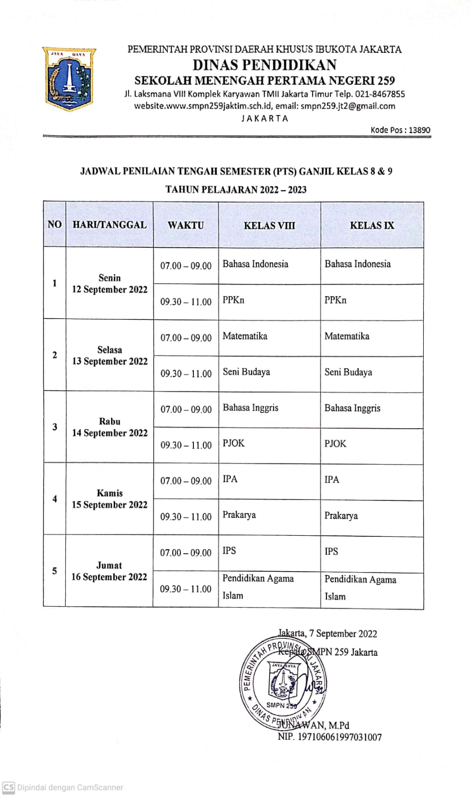 JADWAL PENILAIAN TENGAH SEMESTER GANJIL KELAS 8 DAN 9 TAHUN PELAJARAN 2022- 2O23