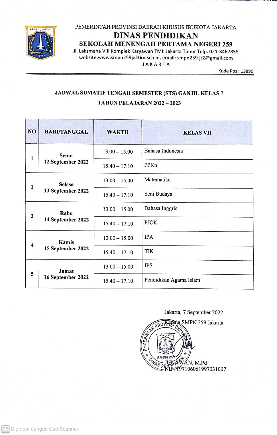 JADWAL SUMATIF TENGAH SEMESTER GANJIL KELAS 7 TAHUN PELAJARAN 20222023